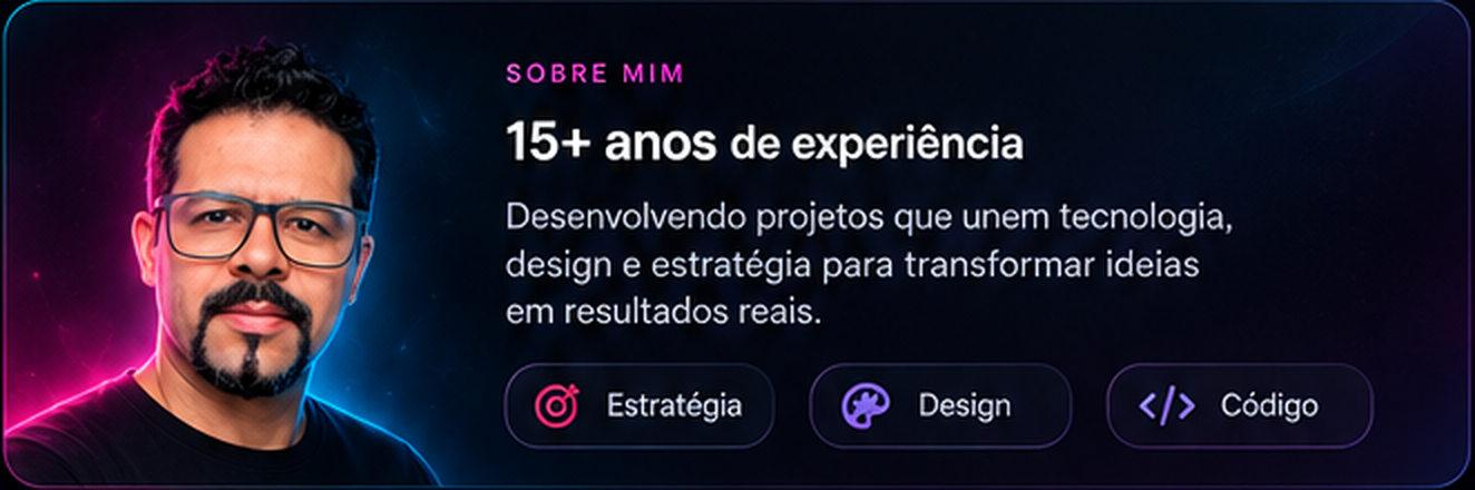 Sobre mim — 15 anos de experiência, Estratégia, Design e Código